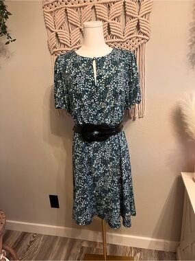 Loft Teal Floral Short Sleeve Knee-Length Dress